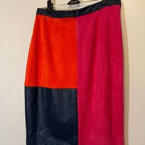 Pleather Patchwork Colorblock Pink & Orange Midi Skirt - Size 8 (Medium)